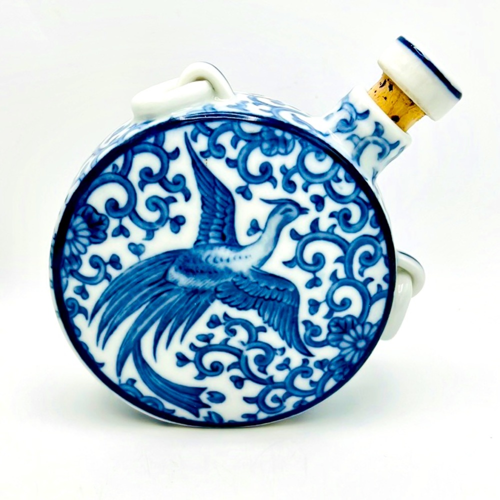 Vintage Japan Porcelain Flask Blue & White Otagiri Art Pottery Birds